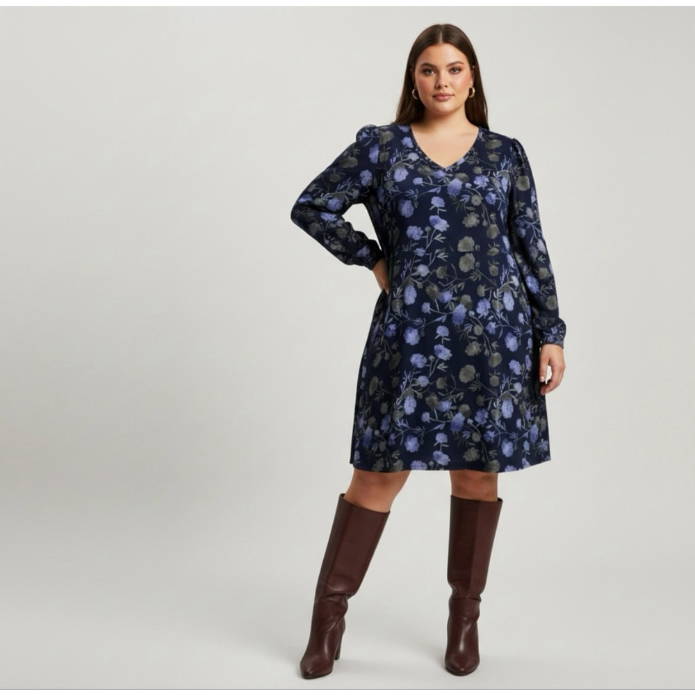 Lularoe 2XL Ava Mutton Sleeve Dress Women’s Plus Size Black Blue Floral Print